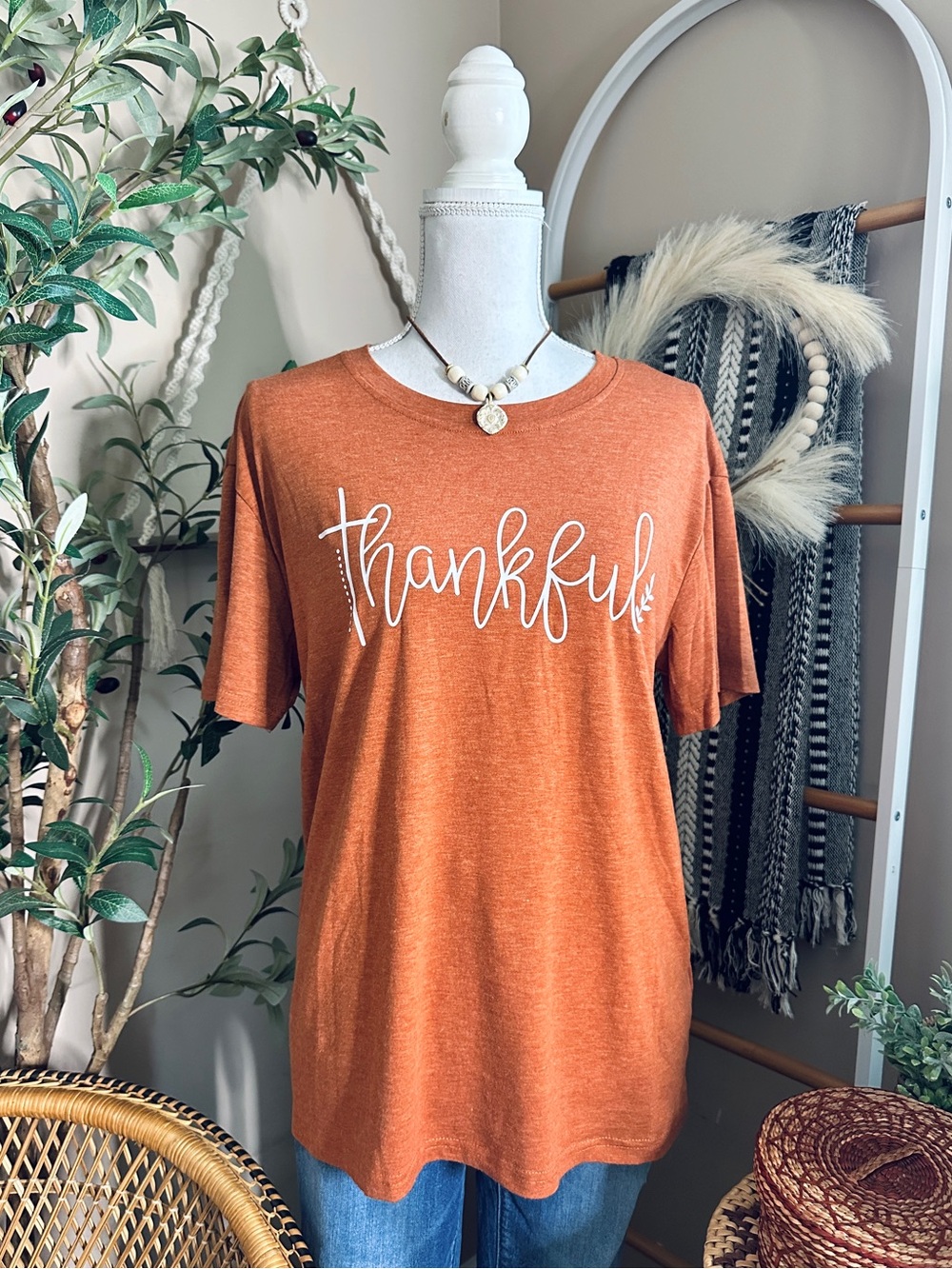 Orange Thankful Fall Thanksgiving Stretchy T-Shirt Size L